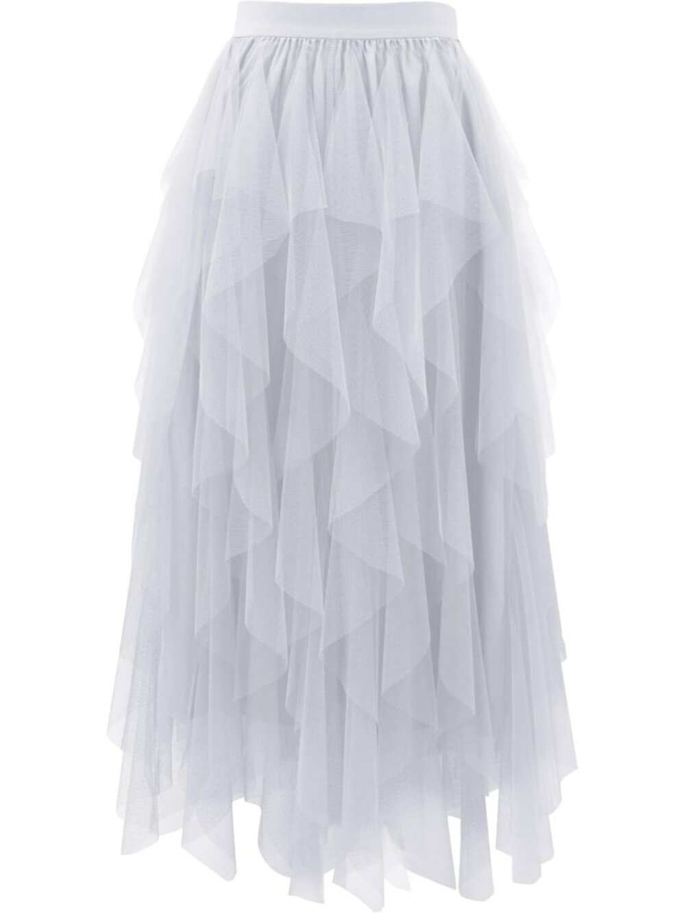 Women's Grey High Waist Layered Tulle Mesh Ruffle Asymmetric Midi Tutu Skirt